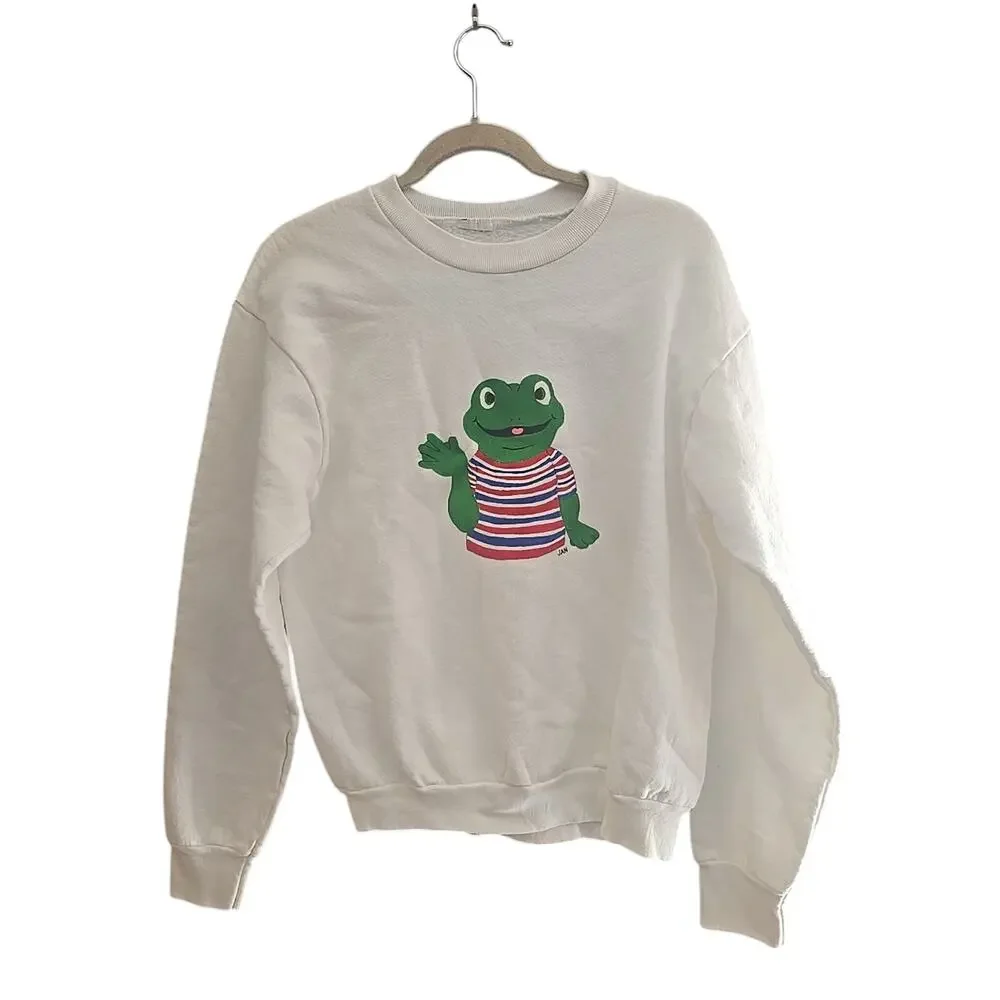 Vintage White Frog‎ Graphic Crew Neck Long Sleeve Sweatshirt Womans Size Small